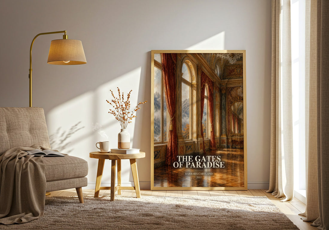 The Gates Of Paradise watercolour print in frame leaning in hallway – romance wall art (mockup)