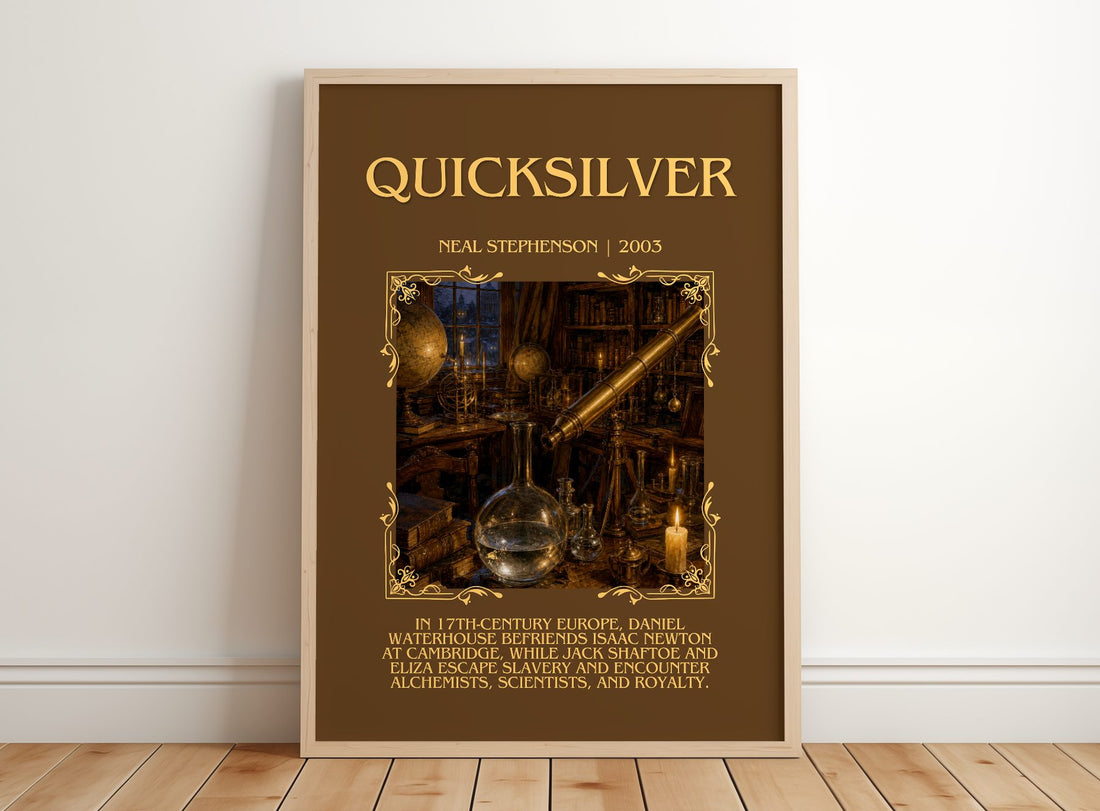 Quicksilver Minimalist Book Poster by Neal Stephenson – framed print leaning on a wooden floor