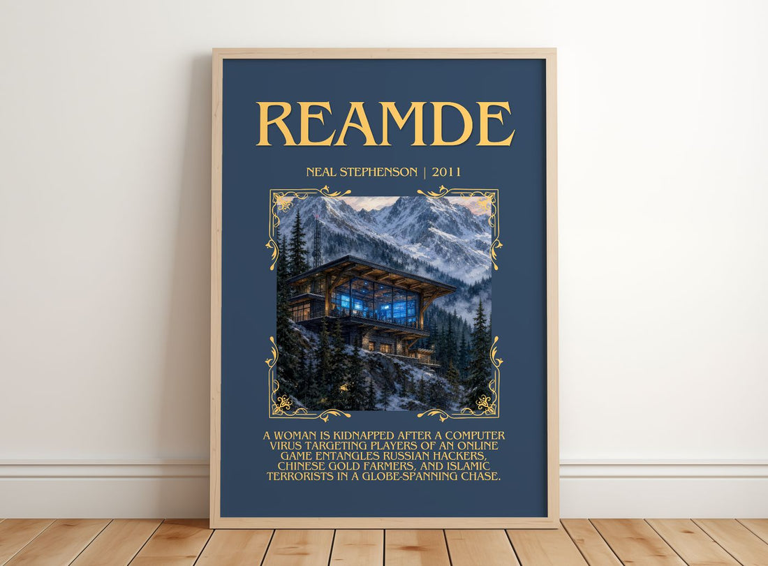 Reamde Minimalist Book Poster by Neal Stephenson – framed print leaning on a wooden floor