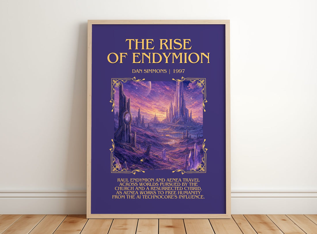 The Rise of Endymion Minimalist Book Poster by Dan Simmons – framed print leaning on a wooden floor