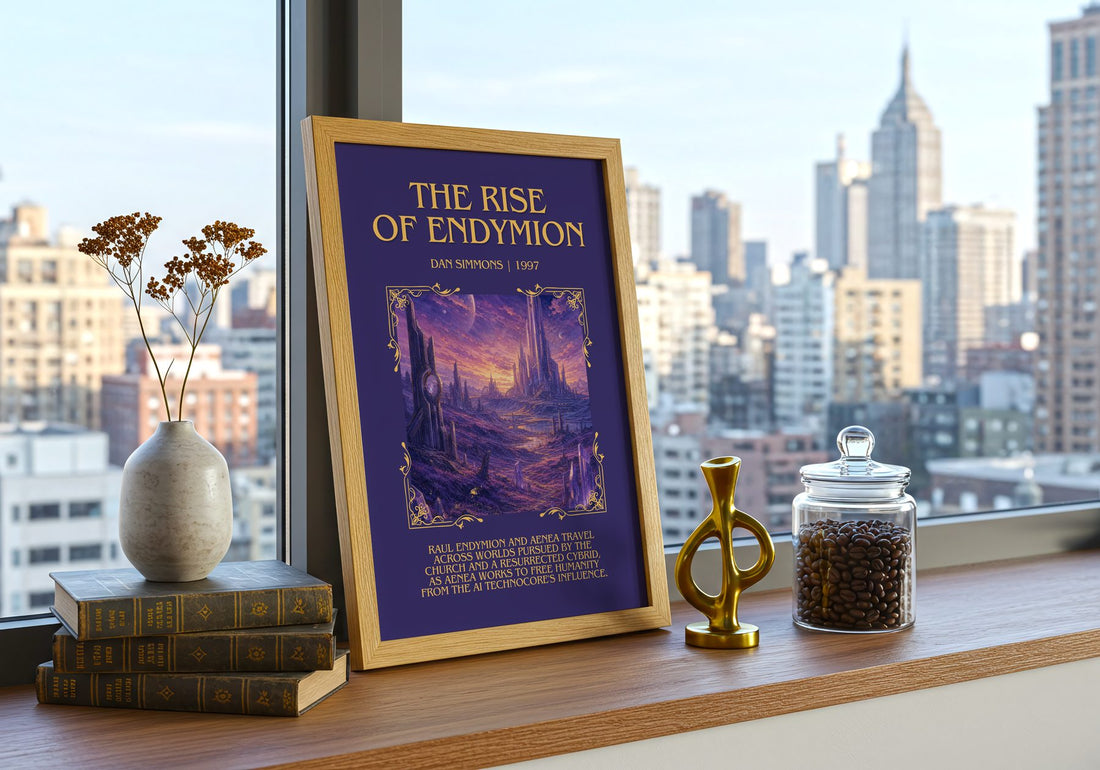 The Rise of Endymion Minimalist Book Poster by Dan Simmons – framed print on a city-view windowsill