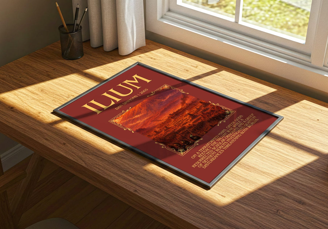 Ilium Minimalist Book Poster by Dan Simmons – print on a sunlit desk