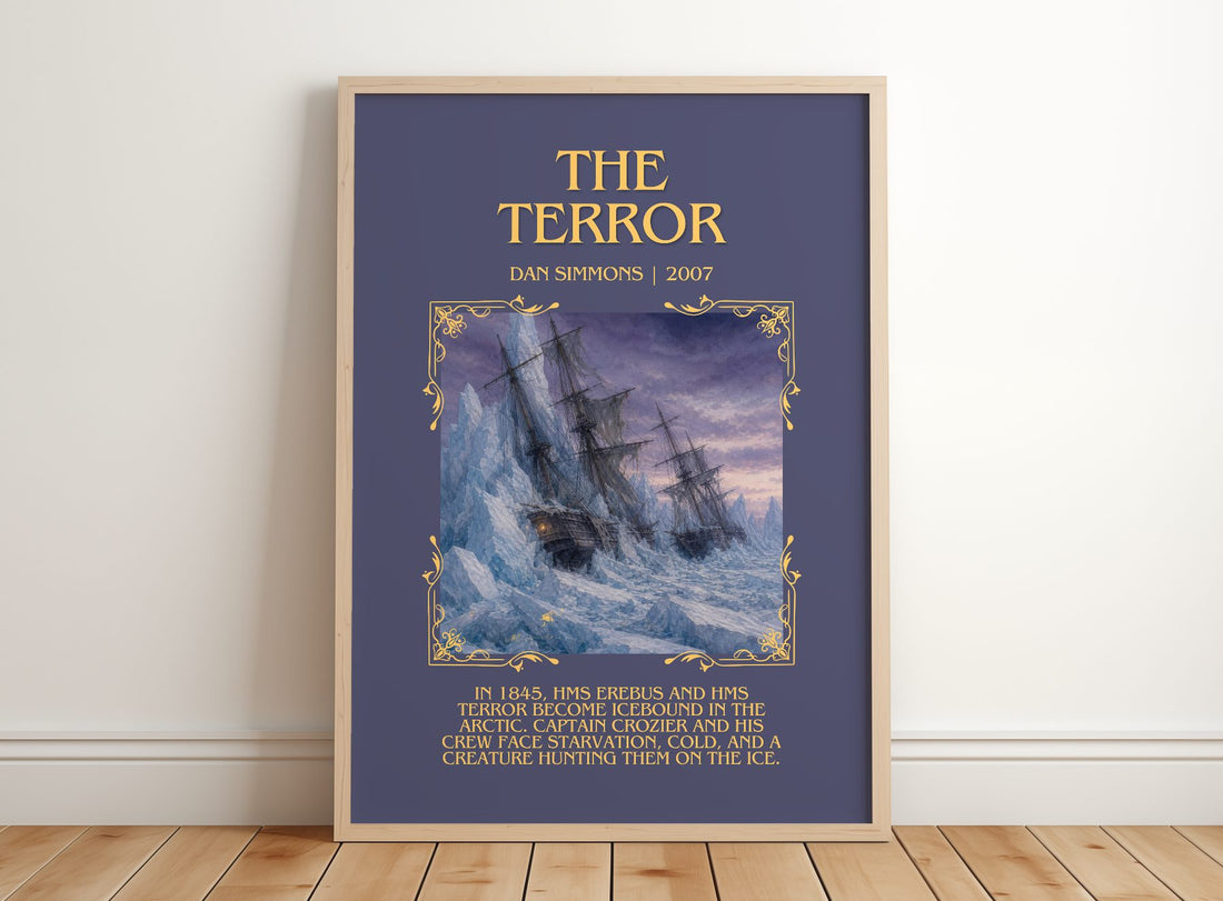 The Terror Minimalist Book Poster by Dan Simmons – framed print leaning on a wooden floor