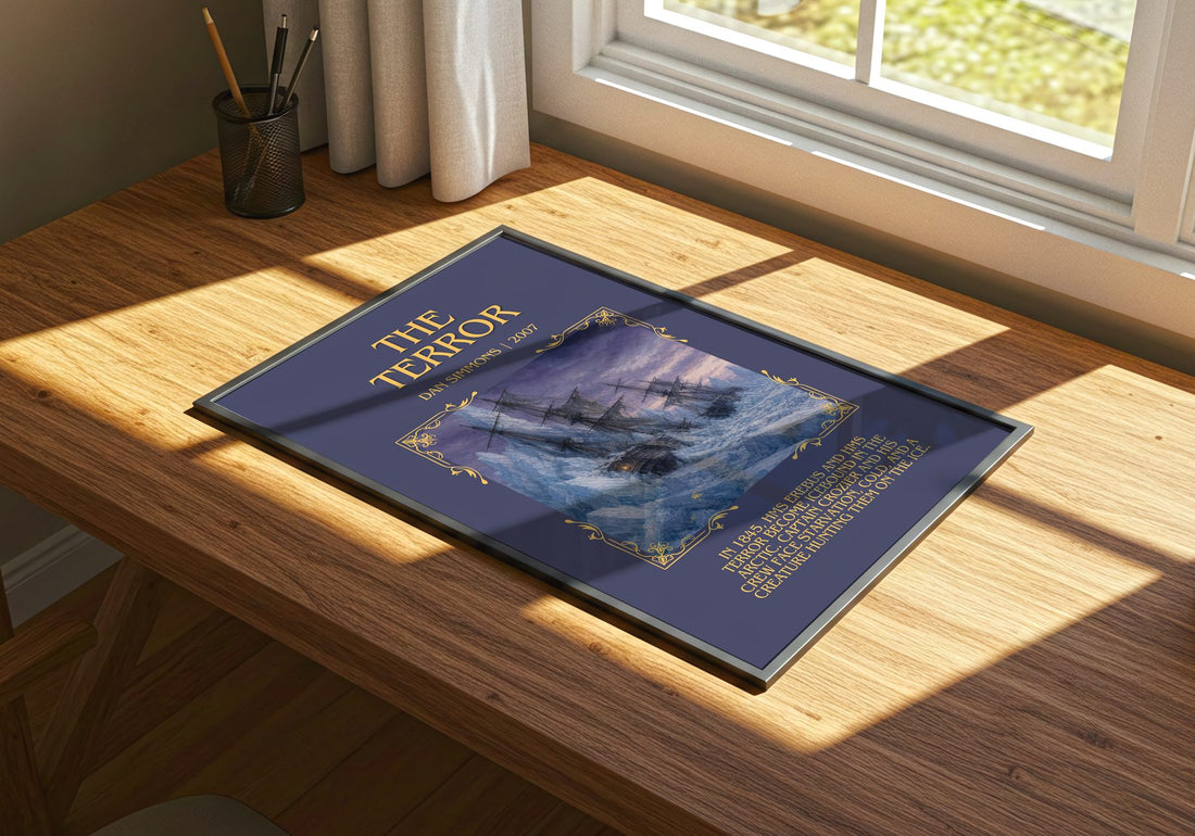 The Terror Minimalist Book Poster by Dan Simmons – print on a sunlit desk