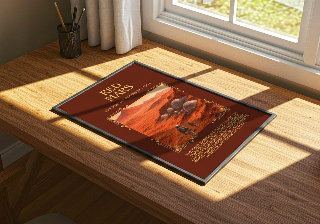 Red Mars Minimalist Book Poster by Kim Stanley Robinson – print on a sunlit desk