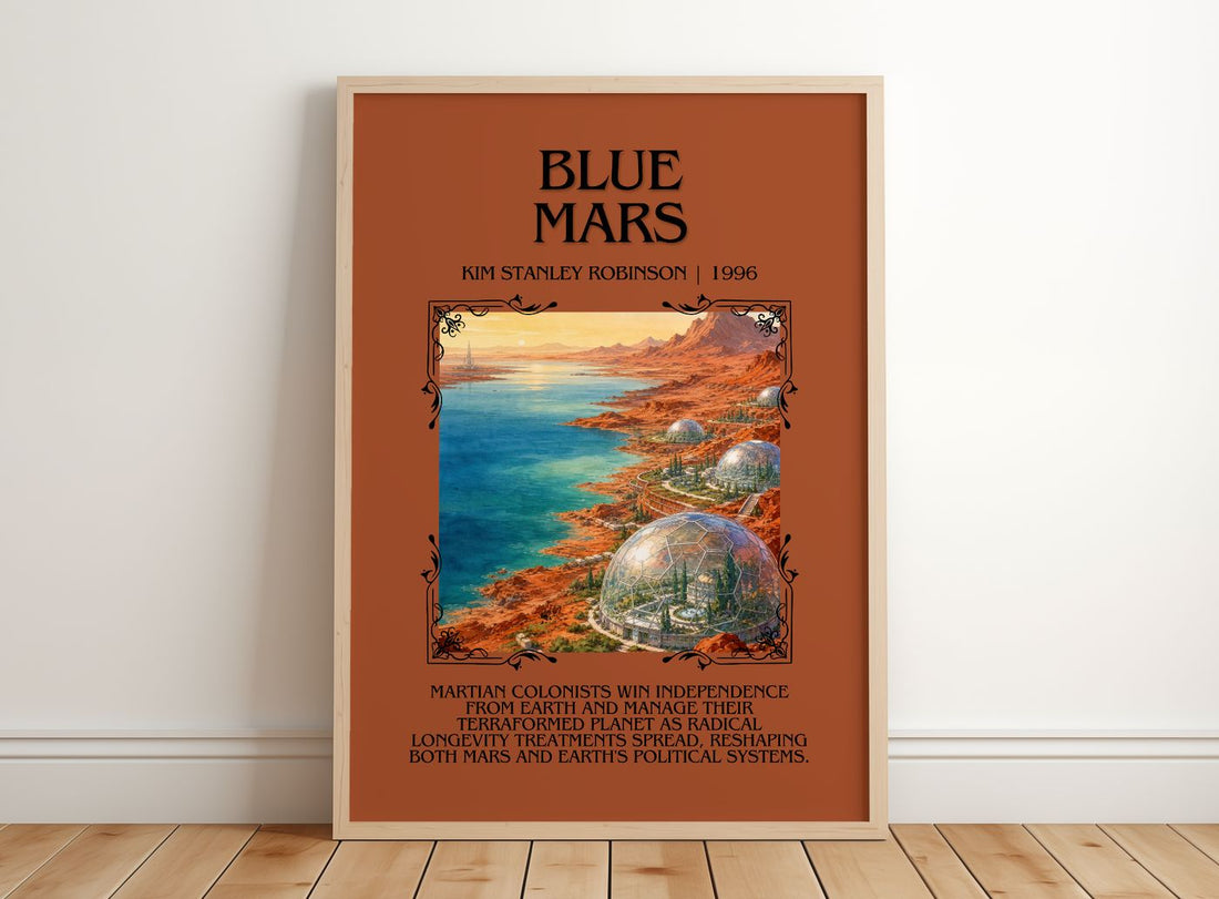 Blue Mars Minimalist Book Poster by Kim Stanley Robinson – framed print leaning on a wooden floor