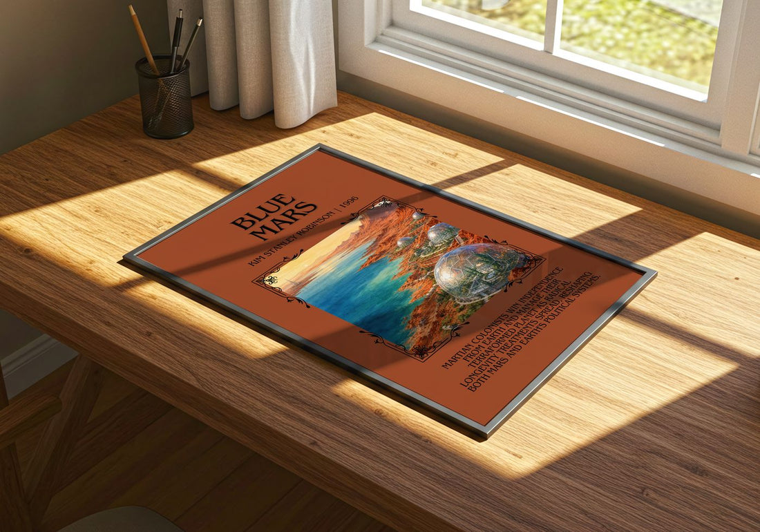 Blue Mars Minimalist Book Poster by Kim Stanley Robinson – print on a sunlit desk