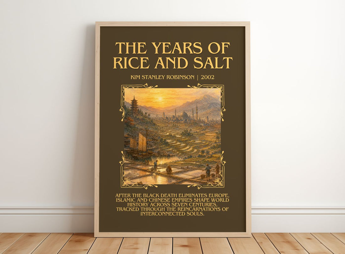 Years of Rice and Salt Minimalist Book Poster by Kim Stanley Robinson – framed print leaning on a wooden floor
