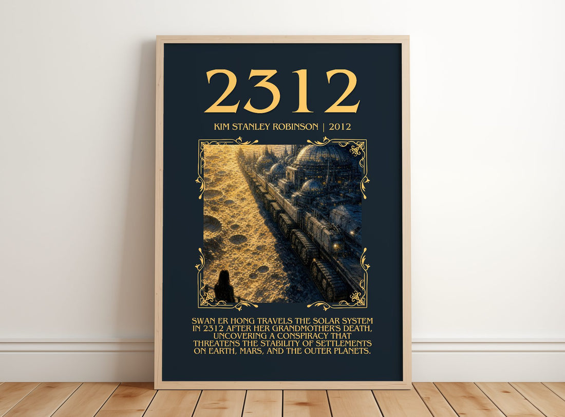 2312 Minimalist Book Poster by Kim Stanley Robinson – framed print leaning on a wooden floor