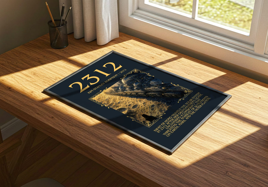 2312 Minimalist Book Poster by Kim Stanley Robinson – print on a sunlit desk