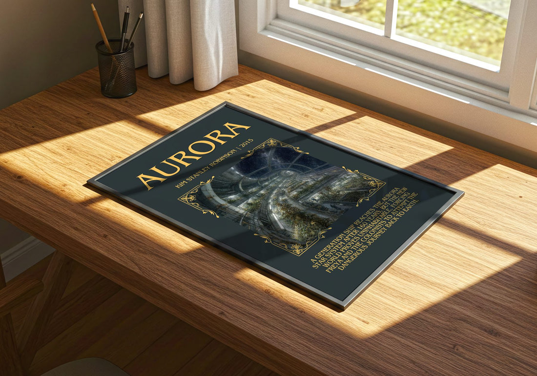 Aurora Minimalist Book Poster by Kim Stanley Robinson – print on a sunlit desk