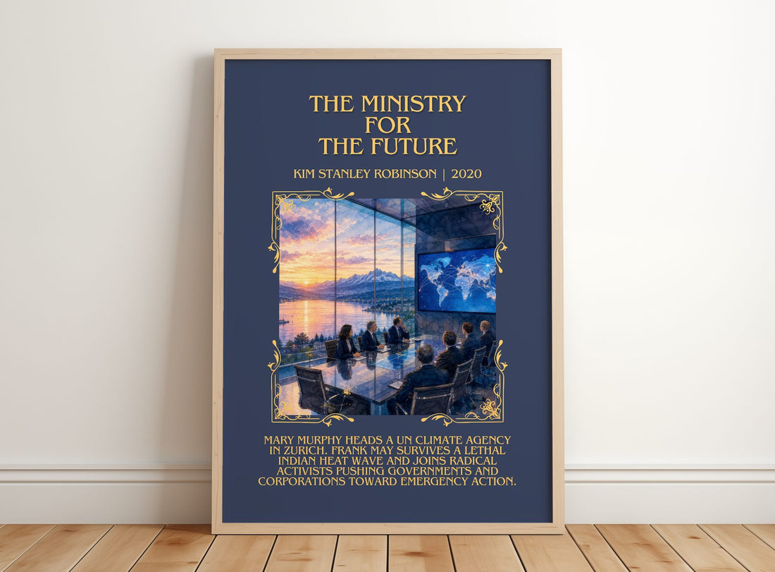 Ministry for the Future Minimalist Book Poster by Kim Stanley Robinson – framed print leaning on a wooden floor