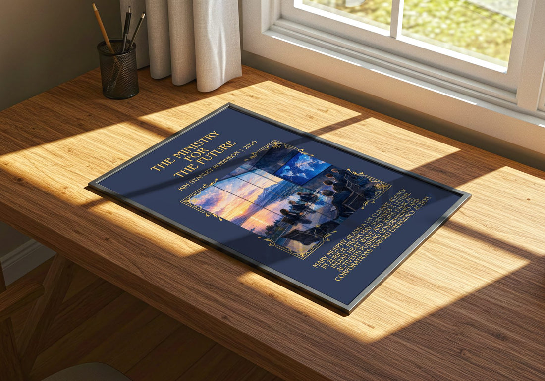 Ministry for the Future Minimalist Book Poster by Kim Stanley Robinson – print on a sunlit desk