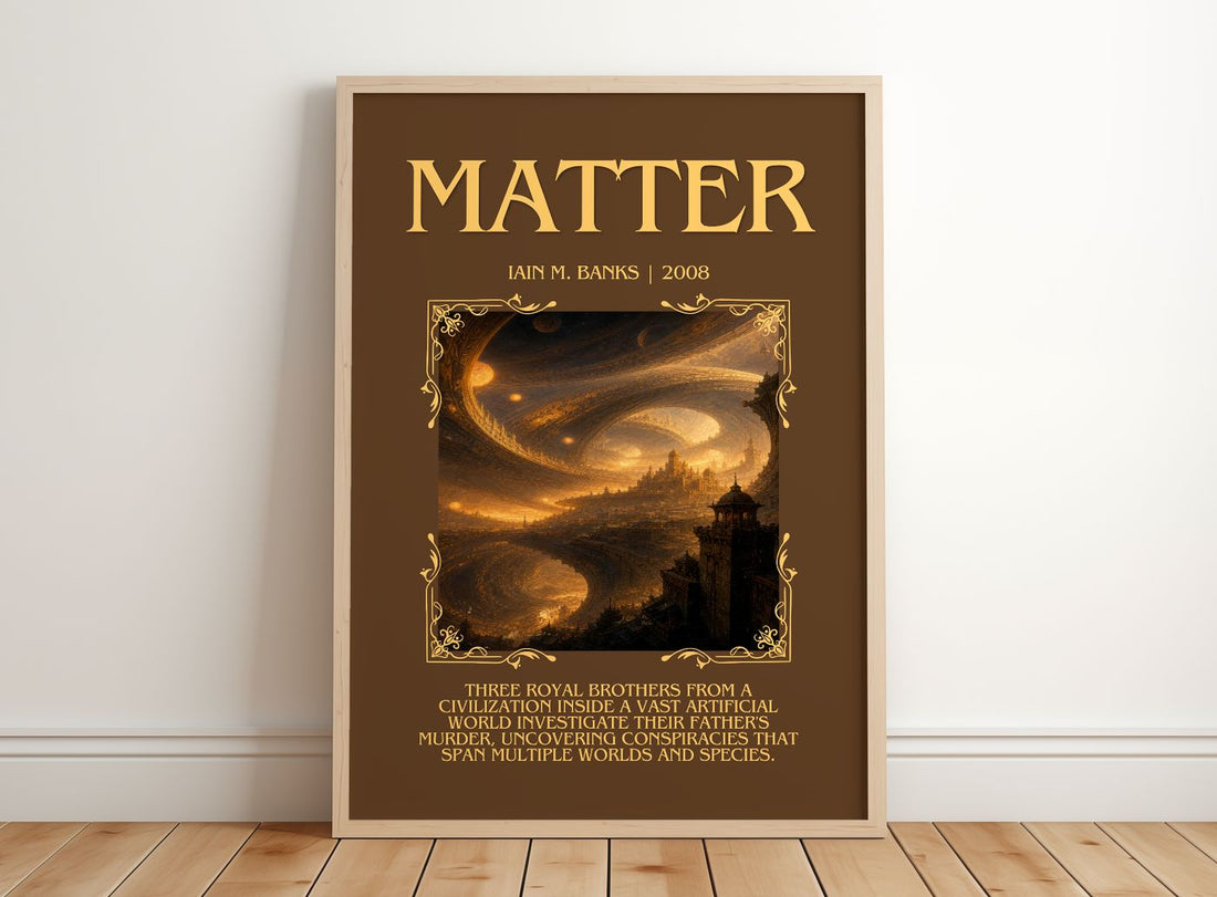 Matter Minimalist Book Poster by Iain M. Banks – framed print leaning on a wooden floor
