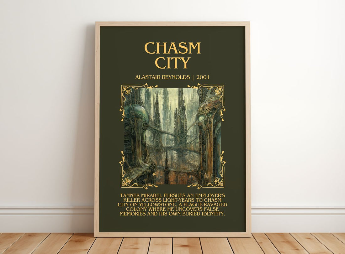 Chasm City Minimalist Book Poster by Alastair Reynolds – framed print leaning on a wooden floor
