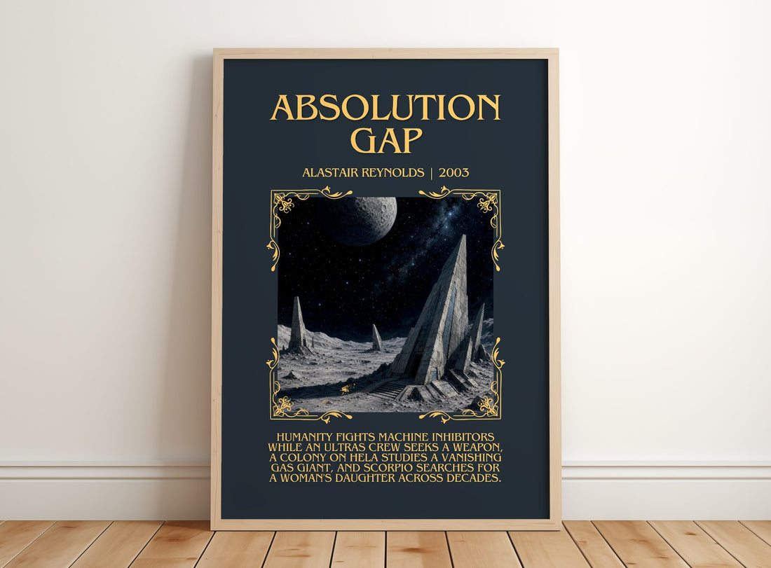 Absolution Gap Minimalist Book Poster by Alastair Reynolds – framed print leaning on a wooden floor