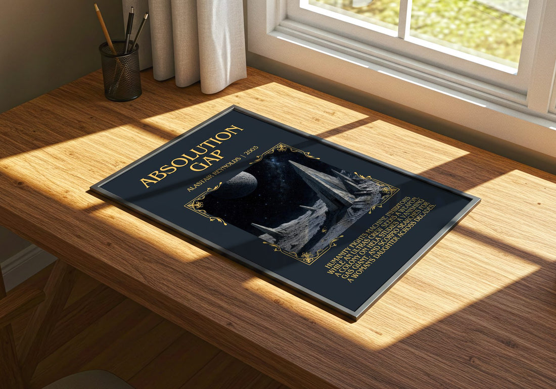 Absolution Gap Minimalist Book Poster by Alastair Reynolds – print on a sunlit desk