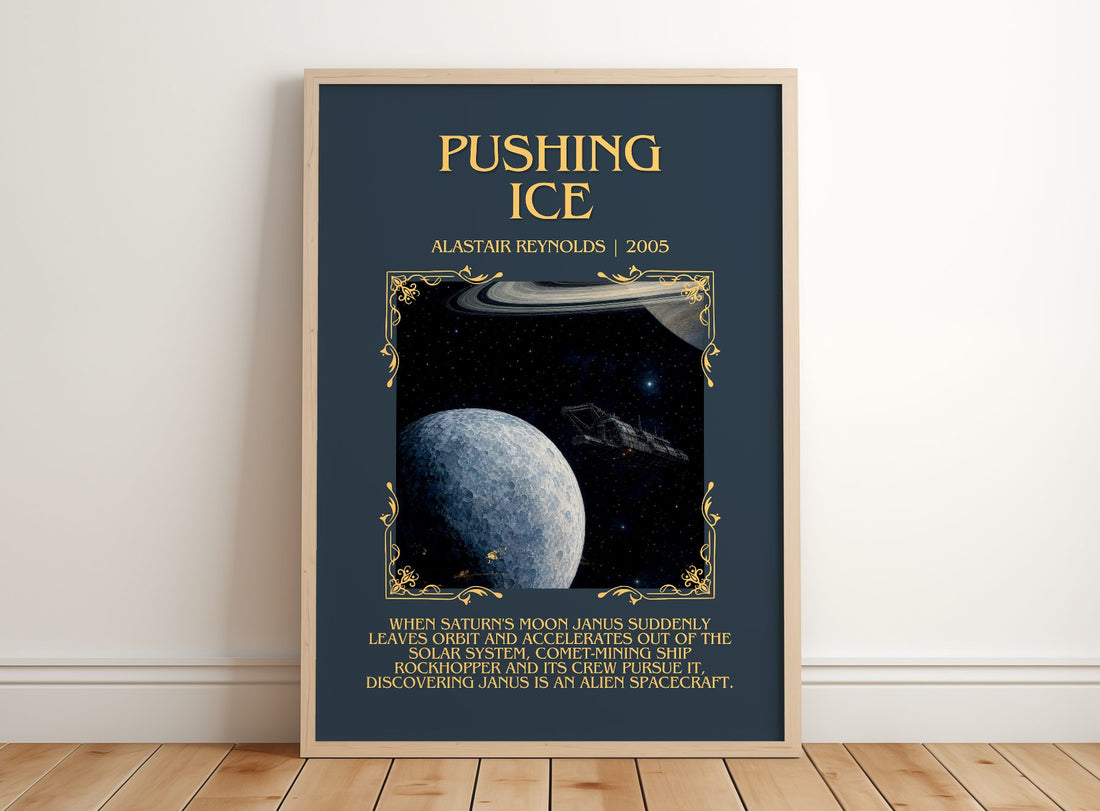 Pushing Ice Minimalist Book Poster by Alastair Reynolds – framed print leaning on a wooden floor