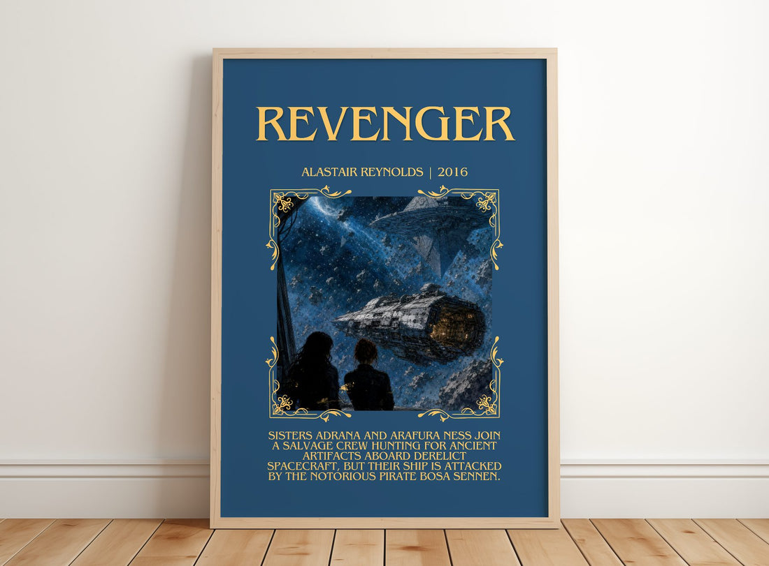 Revenger Minimalist Book Poster by Alastair Reynolds – framed print leaning on a wooden floor