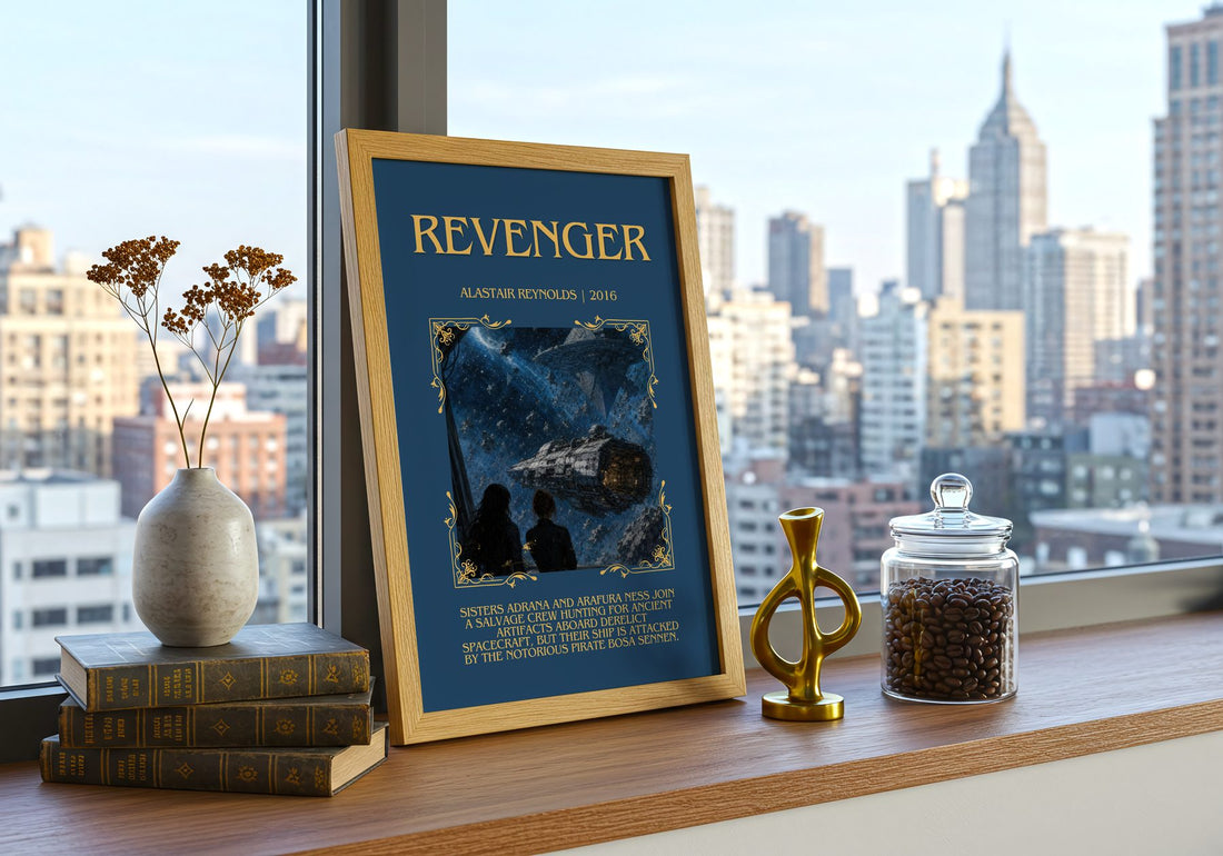 Revenger Minimalist Book Poster by Alastair Reynolds – framed print on a city-view windowsill