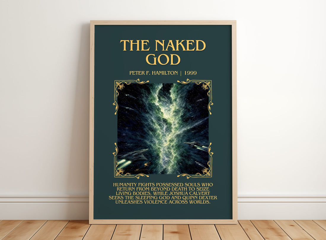 The Naked God Minimalist Book Poster by Peter F. Hamilton – framed print leaning on a wooden floor