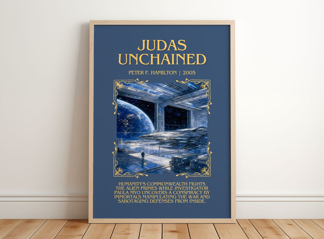 Judas Unchained Minimalist Book Poster by Peter F. Hamilton – framed print leaning on a wooden floor