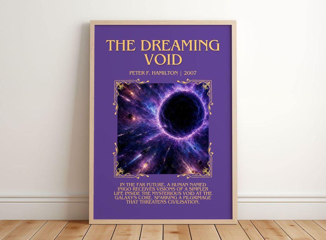The Dreaming Void Minimalist Book Poster by Peter F. Hamilton – framed print leaning on a wooden floor