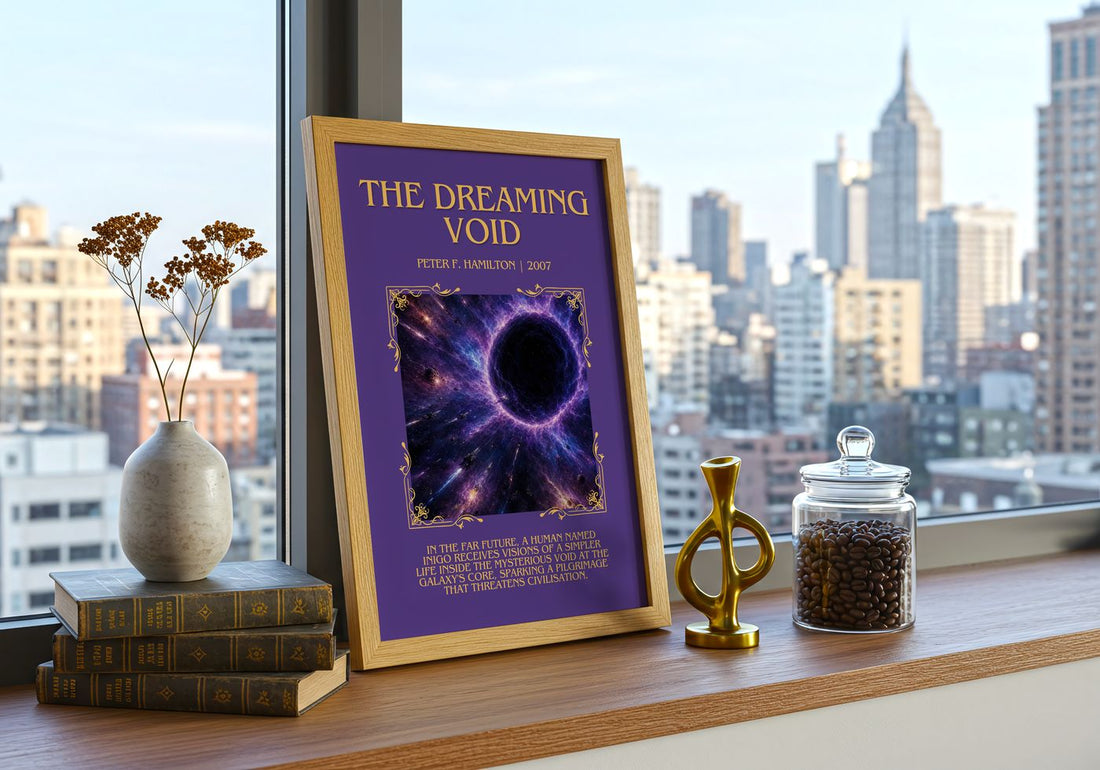 The Dreaming Void Minimalist Book Poster by Peter F. Hamilton – framed print on a city-view windowsill