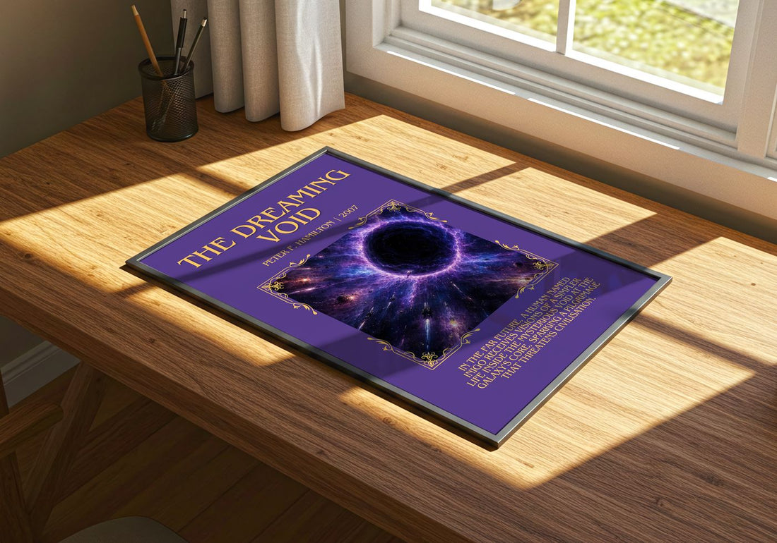 The Dreaming Void Minimalist Book Poster by Peter F. Hamilton – print on a sunlit desk