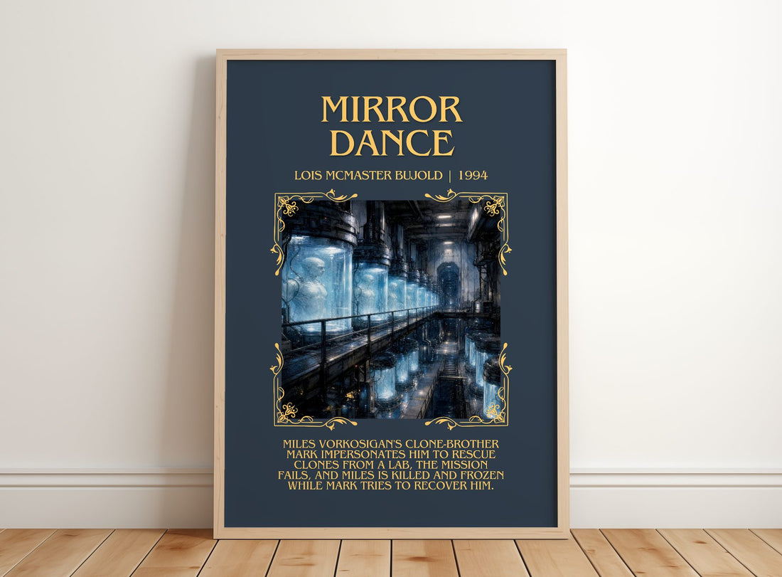 Mirror Dance Minimalist Book Poster by Lois McMaster Bujold – framed print leaning on a wooden floor