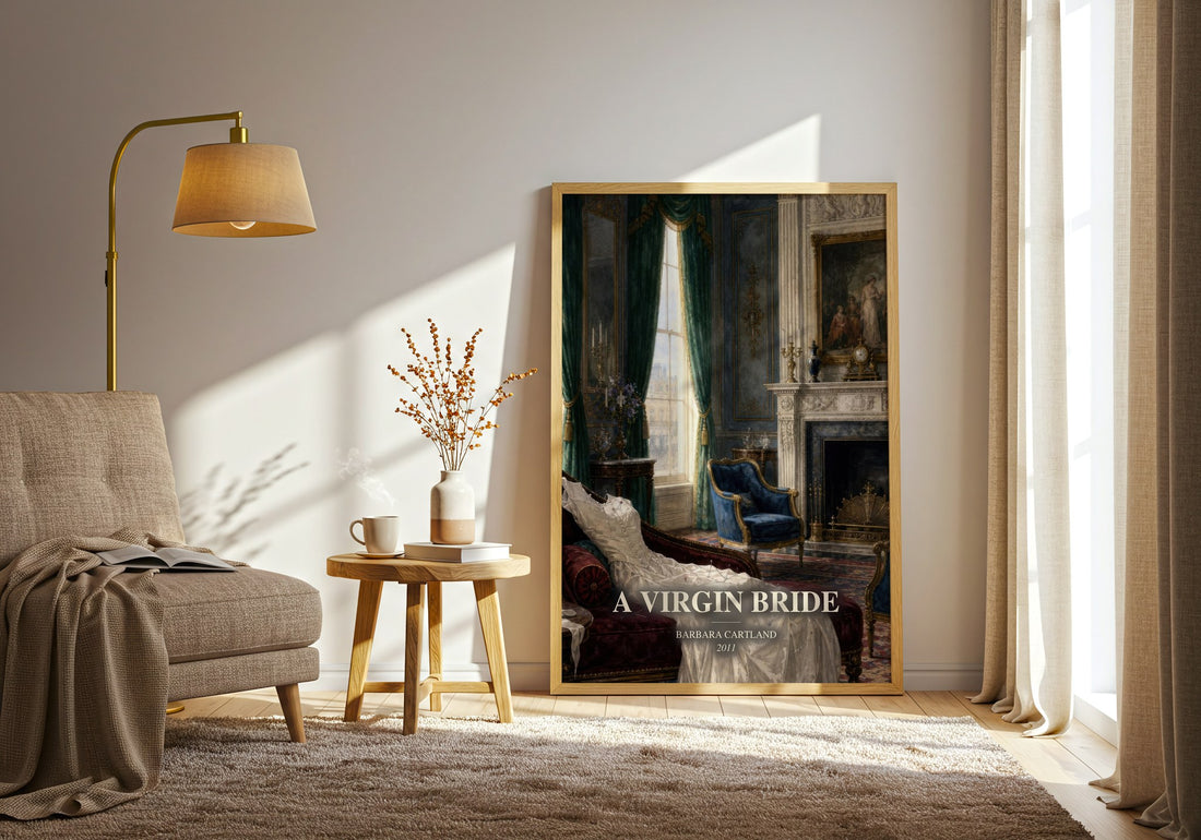A Virgin Bride watercolour print in frame leaning in hallway – romance wall art (mockup)
