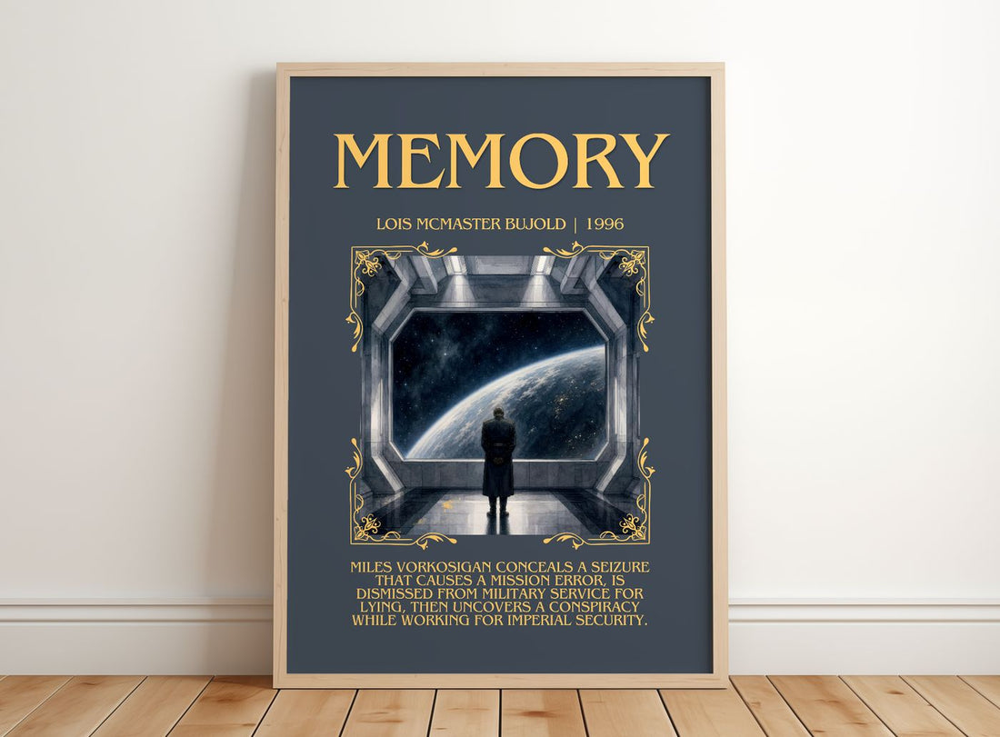 Memory Minimalist Book Poster by Lois McMaster Bujold – framed print leaning on a wooden floor
