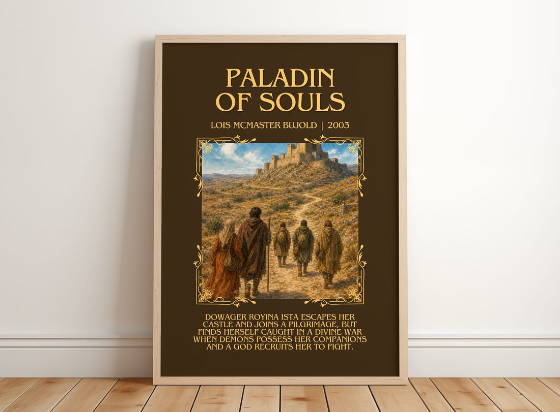 Paladin of Souls Minimalist Book Poster by Lois McMaster Bujold – framed print leaning on a wooden floor