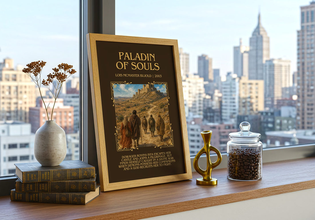 Paladin of Souls Minimalist Book Poster by Lois McMaster Bujold – framed print on a city-view windowsill