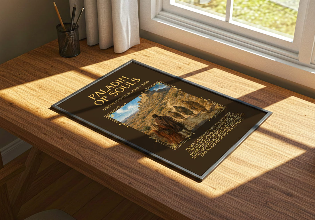 Paladin of Souls Minimalist Book Poster by Lois McMaster Bujold – print on a sunlit desk