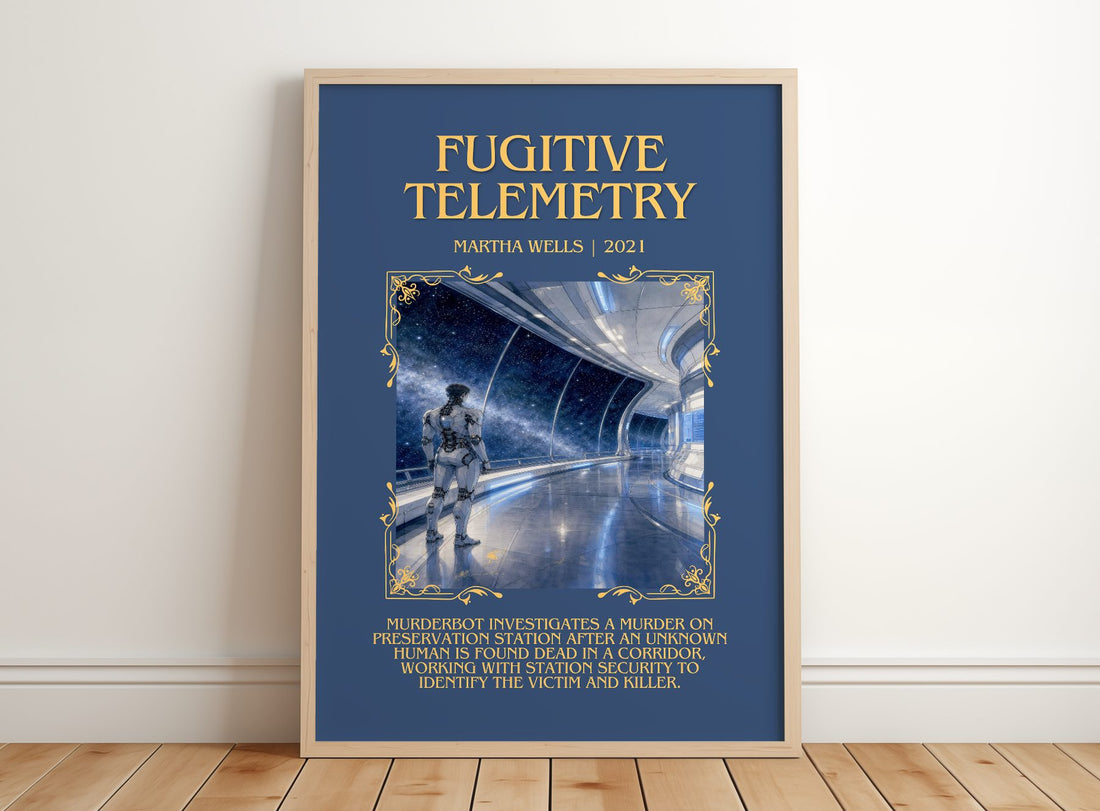 Fugitive Telemetry Minimalist Book Poster by Martha Wells – framed print leaning on a wooden floor