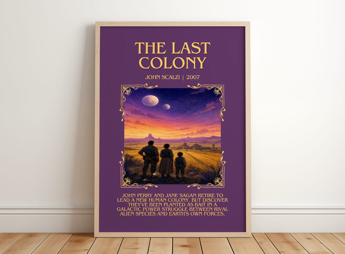 The Last Colony Minimalist Book Poster by John Scalzi – framed print leaning on a wooden floor