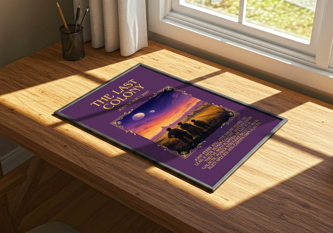 The Last Colony Minimalist Book Poster by John Scalzi – print on a sunlit desk