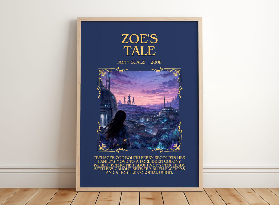 Zoe's Tale Minimalist Book Poster by John Scalzi – framed print leaning on a wooden floor