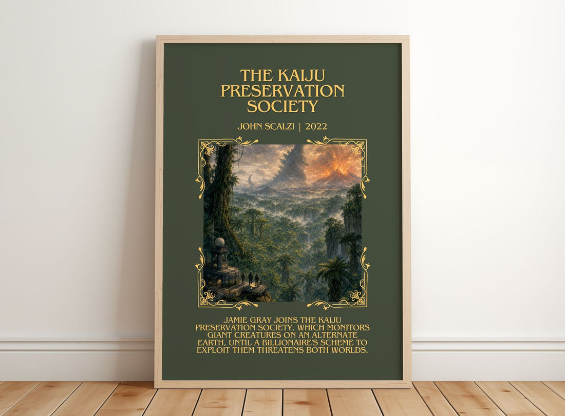 The Kaiju Preservation Society Minimalist Book Poster by John Scalzi – framed print leaning on a wooden floor