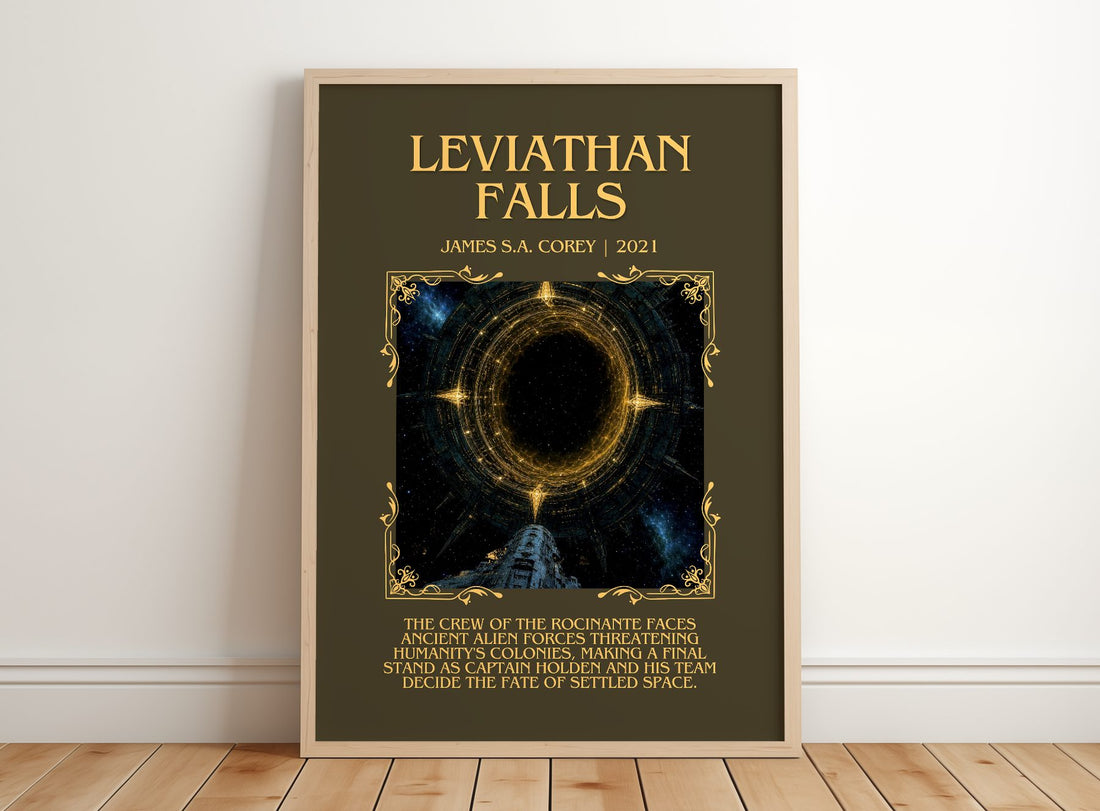 Leviathan Falls Minimalist Book Poster by James S.A. Corey – framed print leaning on a wooden floor