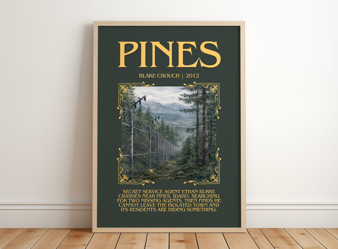 Pines Minimalist Book Poster by Blake Crouch – framed print leaning on a wooden floor