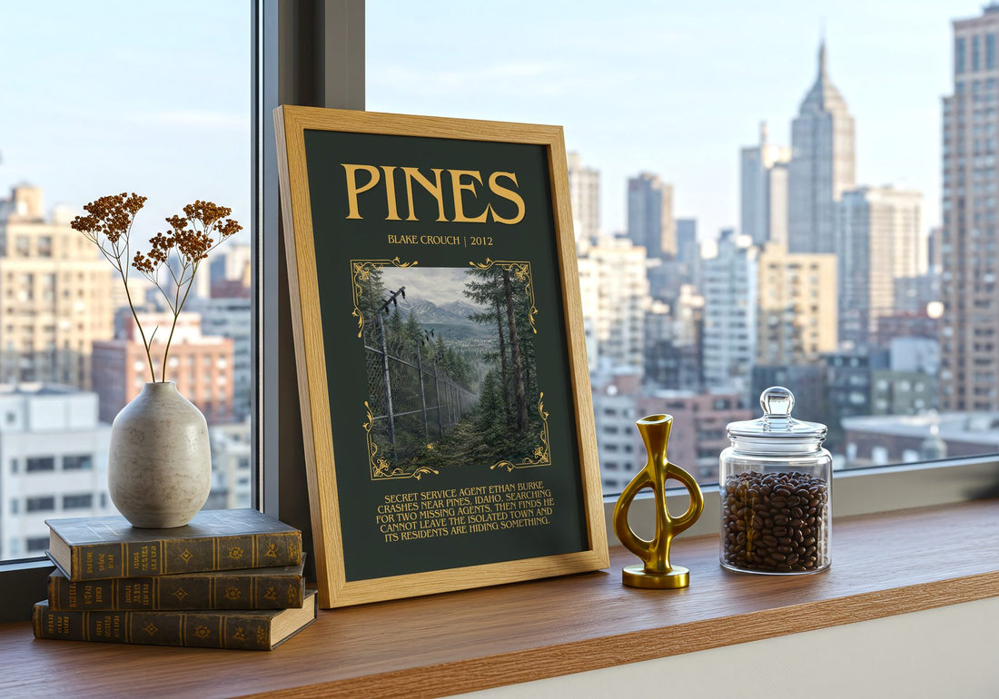 Pines Minimalist Book Poster by Blake Crouch – framed print on a city-view windowsill