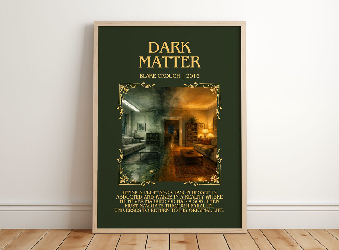 Dark Matter Minimalist Book Poster by Blake Crouch – framed print leaning on a wooden floor