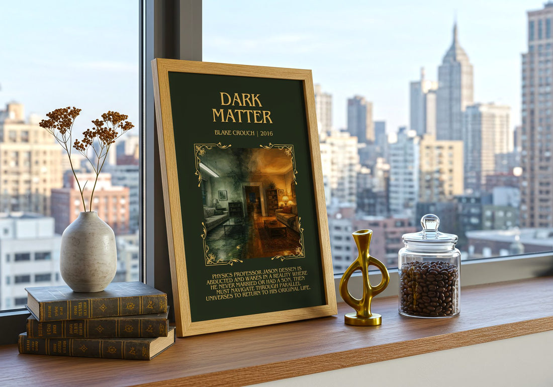 Dark Matter Minimalist Book Poster by Blake Crouch – framed print on a city-view windowsill