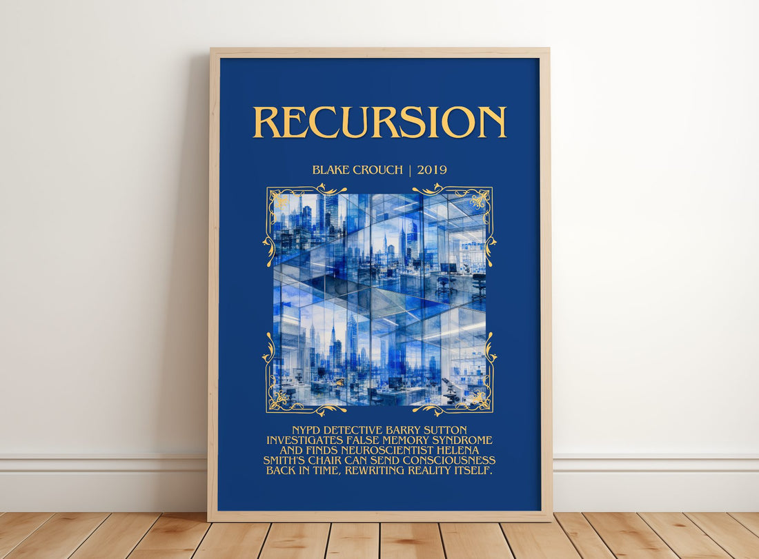 Recursion Minimalist Book Poster by Blake Crouch – framed print leaning on a wooden floor