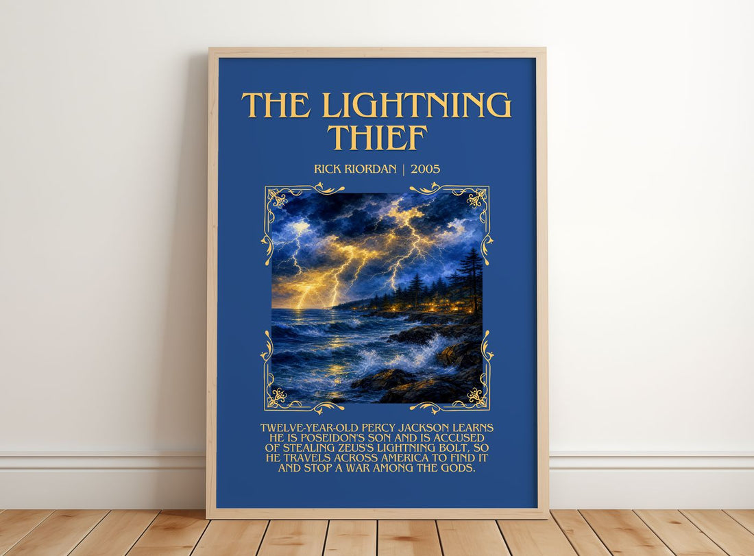 The Lightning Thief Minimalist Book Poster by Rick Riordan – framed print leaning on a wooden floor