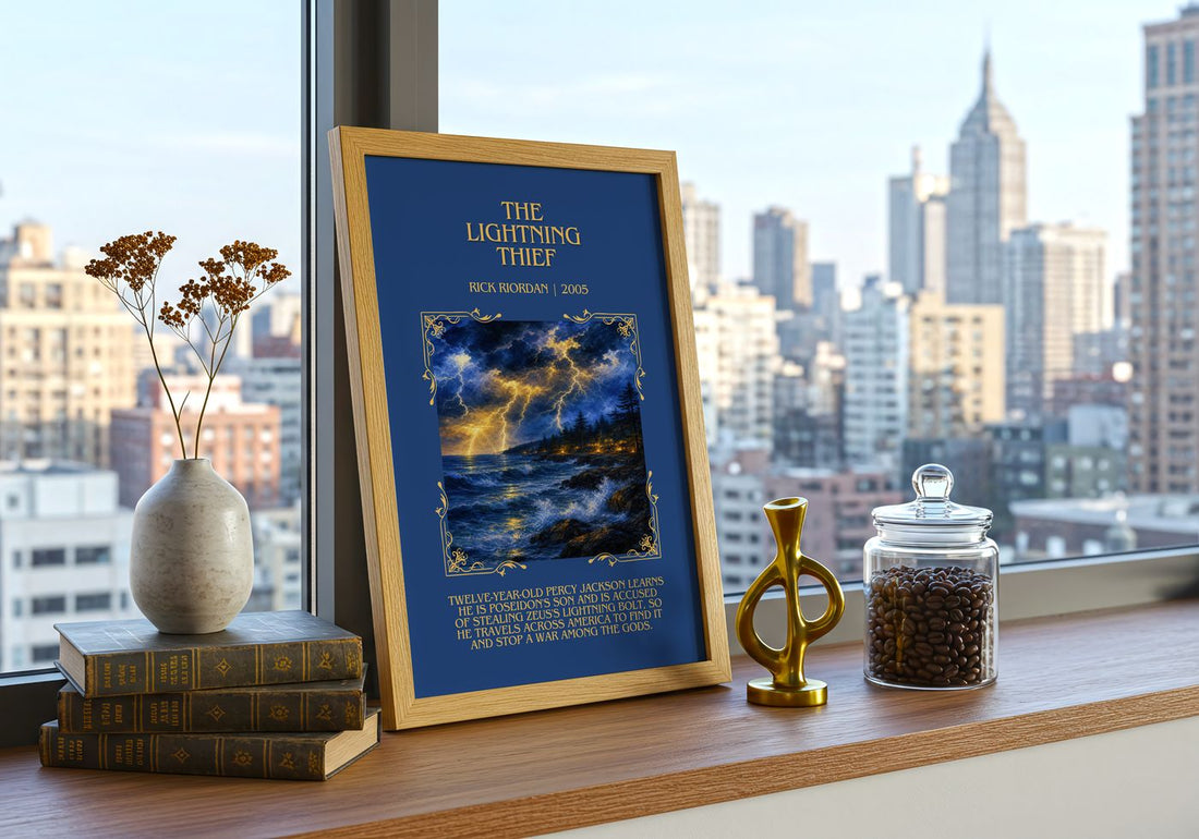 The Lightning Thief Minimalist Book Poster by Rick Riordan – framed print on a city-view windowsill