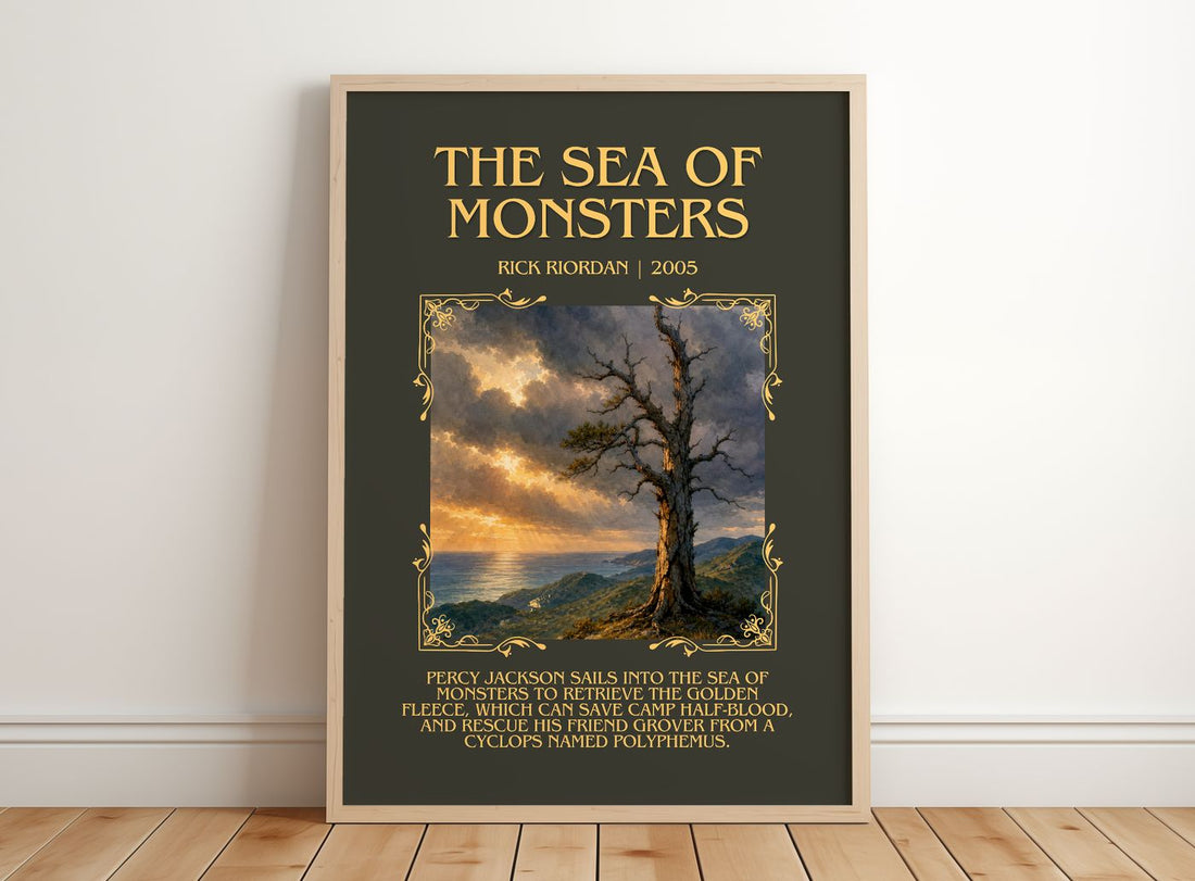The Sea of Monsters Minimalist Book Poster by Rick Riordan – framed print leaning on a wooden floor
