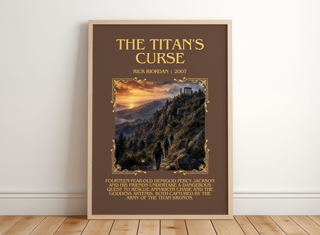 The Titan's Curse Minimalist Book Poster by Rick Riordan – framed print leaning on a wooden floor